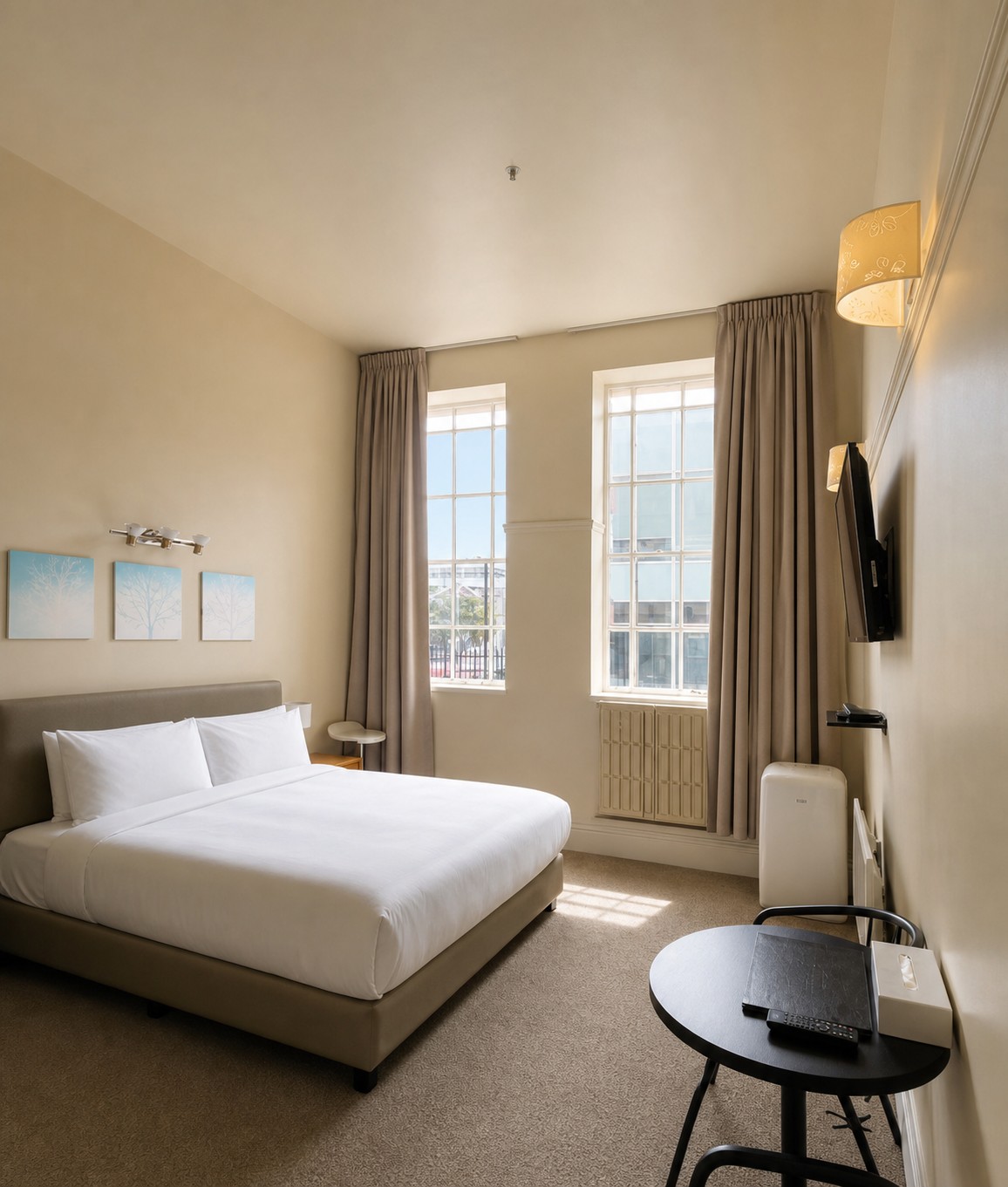 Standard Double room with white linen and tall heritage windows.